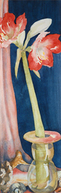 Watercolor by C K Dunlap, narrow vertical format, Amarilis flower and sea shels